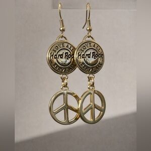 Hard Rock Cafe Gold Peace Dangle Earrings | Iconic Rock Chic